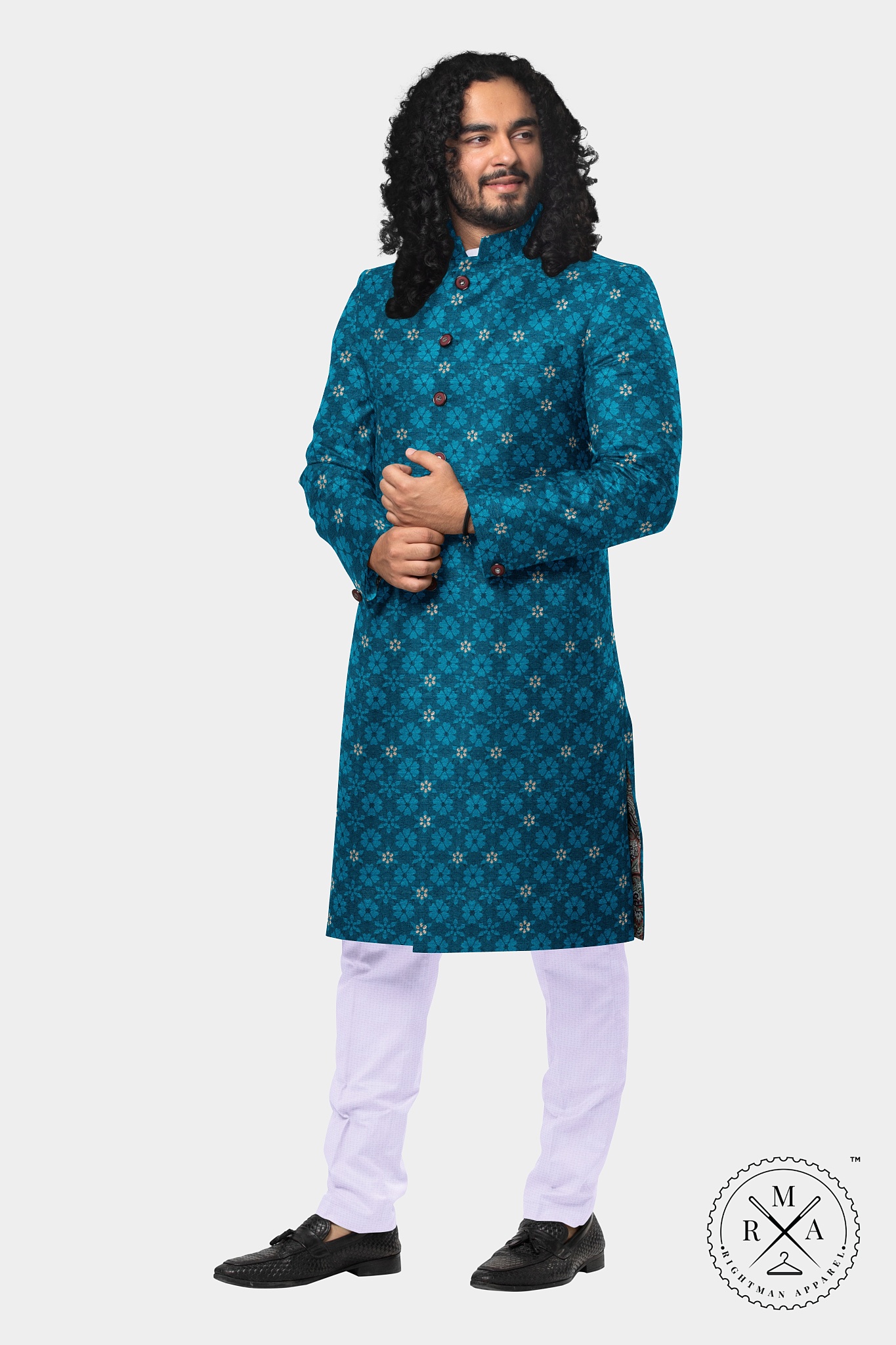 Regal Blue Garden with Golden Leaf Textured Kurta SK91